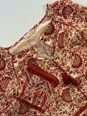 Tory Burch Top Women's S Red 100% Silk Tassel Lightweight Boho Casual Lagenlook